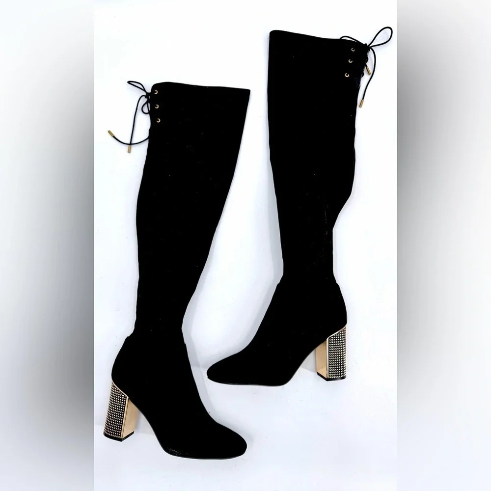 GUESS Black Gold Studded Heel Over The Knee Lace Up Boots y2k Glam